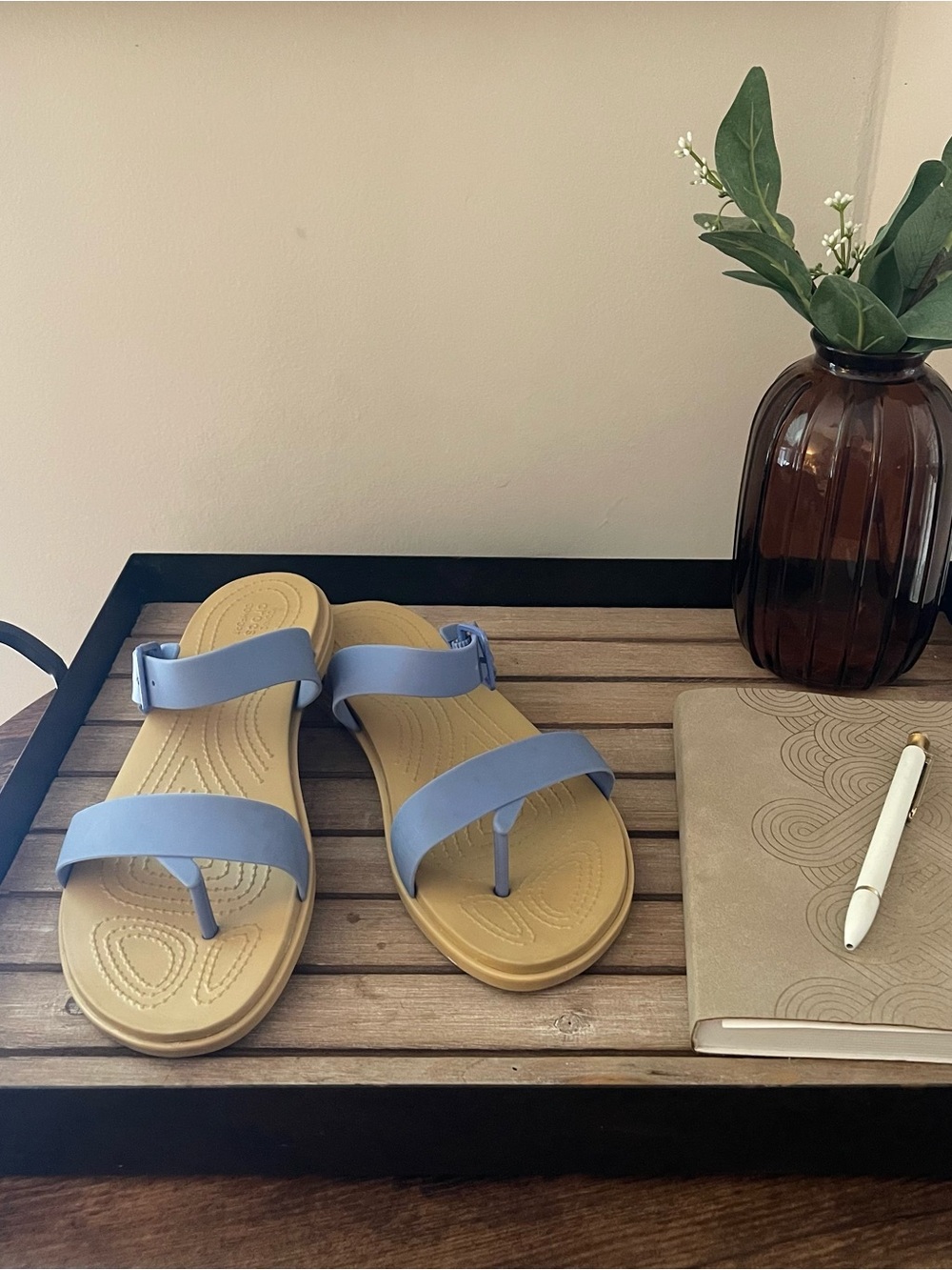 CROCS Women's Light Blue Toe-Post Sandals with Tan Footbed